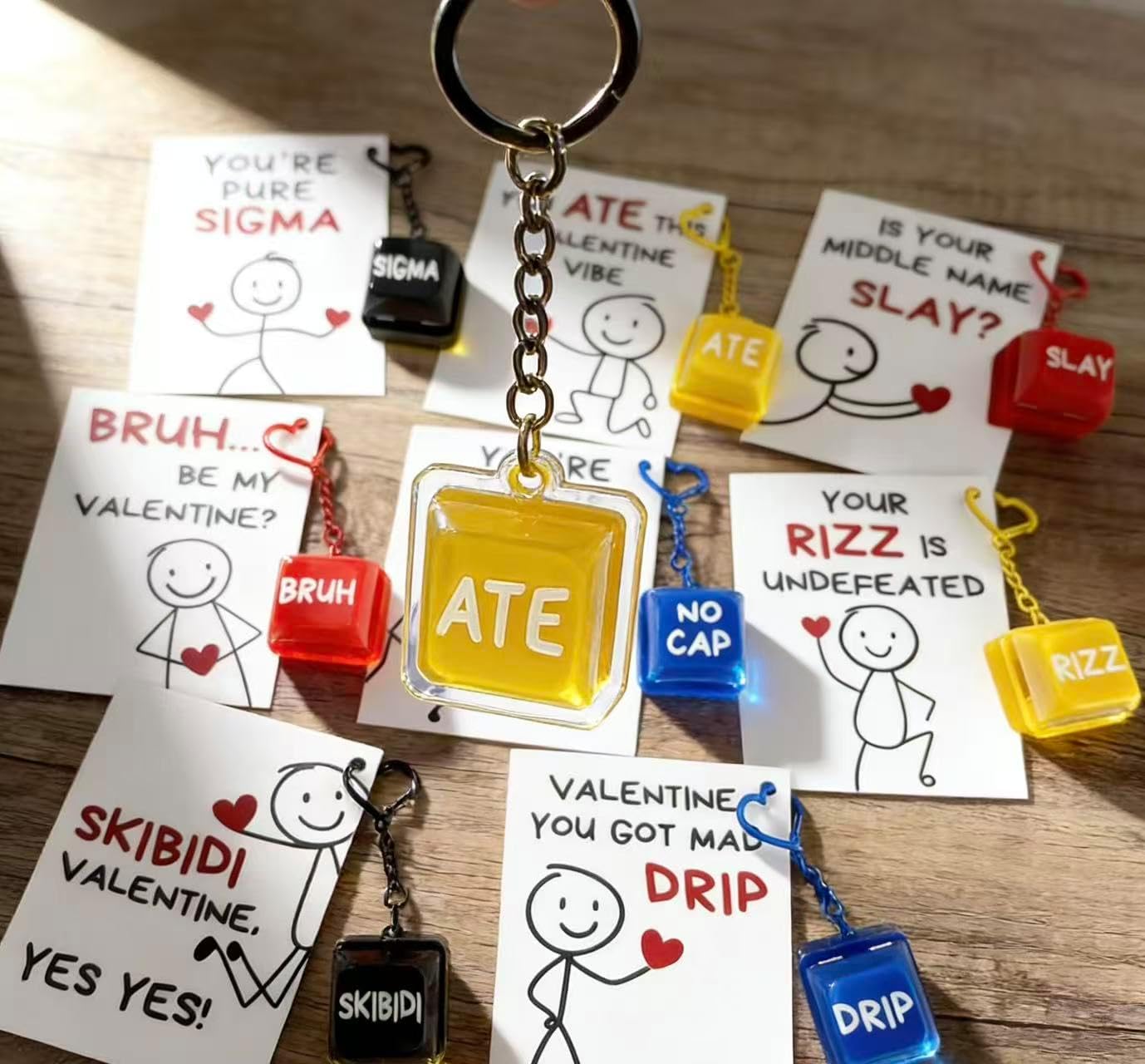 Valentine's Day School Cards for Kids - 24 Slang Cards with 8 Keyboard Keychains - Perfect for Valentine's Day Class Exchange Gifts for Boys, Girls, and Teenagers